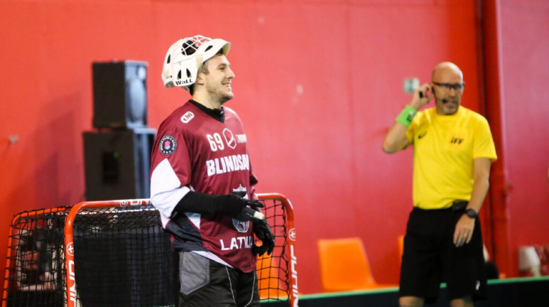 Latvijas izlases vārtsargs Jānis Salcevičs. Foto: Ritvars Raits, floorball.lv