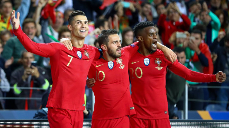 Krištianu Ronaldu, Bernardo Silva un Nelsons Semedu. Foto: imago / Scanpix