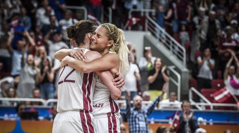 Zenta Meļņika un Elīna Dikeulaku pēc uzvaras pār Ukrainu. Foto: FIBA