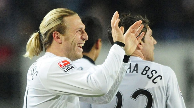 Andrejs Voroņins ("Hertha") svin savu vārtu guvumu
Foto: AFP