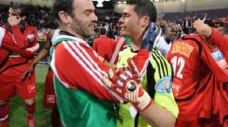 "Guingamp" spēlētāji līksmo pēc mača beigu svilpes
Foto: AFP