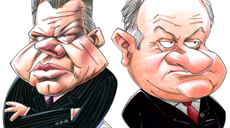 Vorobjovs un Šuplers ir amata brāļi, taču kā treneri pārstāv pilnīgi atšķjrīgas hokeja filozofijas. 
Karikatūra: Gatis Šļūka