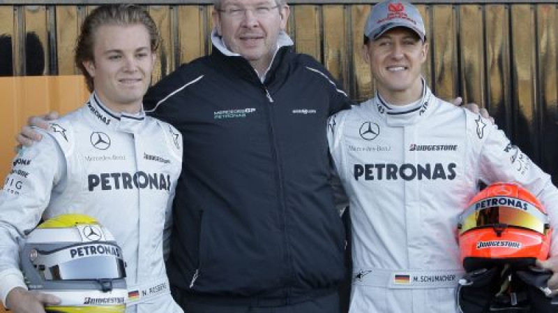 Niko Rosbergs, Ross Brauns un Mihaels Šūmahers
Foto: AFP/Scanpix