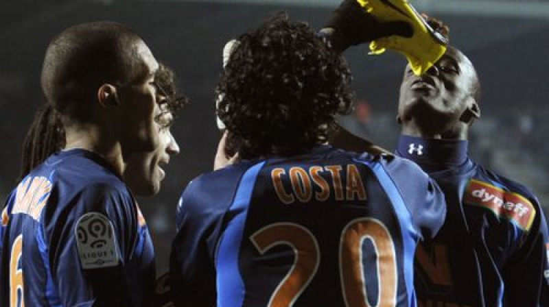 "Montpellier" uzbrucējs Viktors Ugo Montanjo atzīmē vārtu guvumu
Foto: AFP/Scanpix