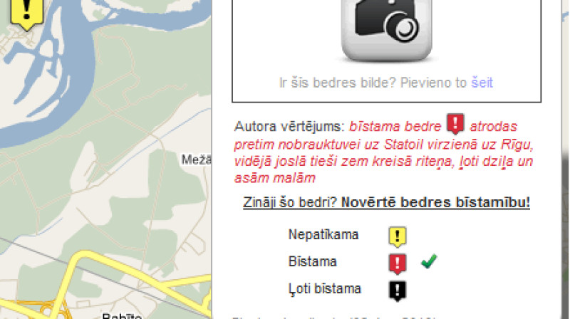 Iespējas pārvietoties ar kursosu pa karti un apskatīt ceļu stāvokli, kā arī pievienot jaunas bedres,