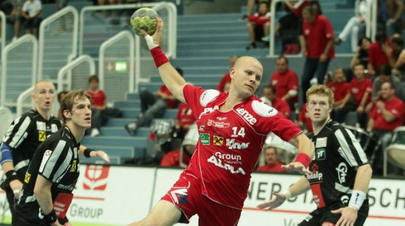 Jānis Glušaks un viņa pārstāvētais "Alpla HC Hard" ir starp galvenajiem pretendentiem uz Austrijas čempionu titulu. 
Foto: Walter Zaponig