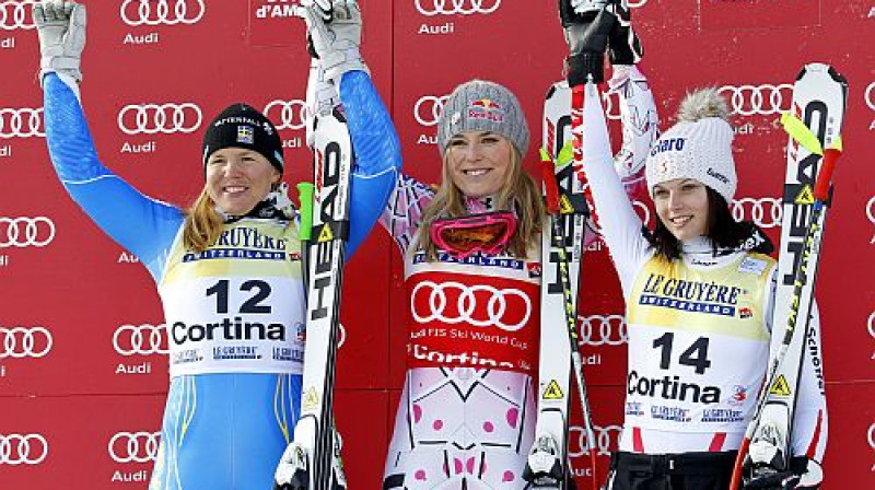 Goda pjedestāls Kortīnā Dampeco - Anja Pēršone, Lindsija Vona un Anna Feningere
Foto: Reuters/Scanpix