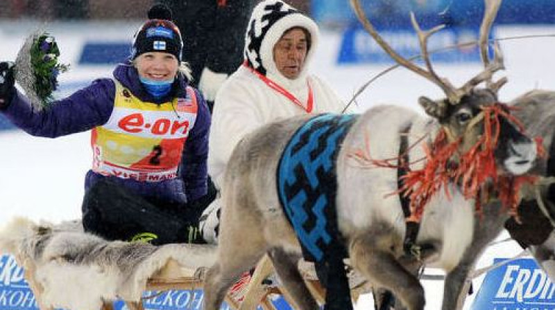 Hantimansijskā Kaisu Makarainenu izvizināja ar ziemeļbriedi
Foto: AFP/Scanpix