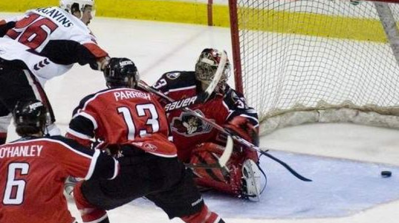 Kaspars Daugaviņš raida ceturto ripu "Pirates" 
vārtos. Foto: Rebecca Catlett