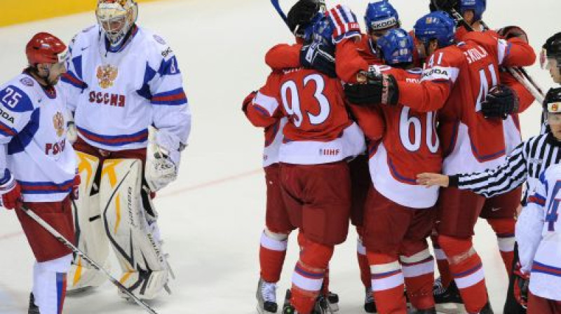Čehijas izlase svin vārtu guvumu pretinieku vārtu priekšā
Foto: AFP/Scanpix