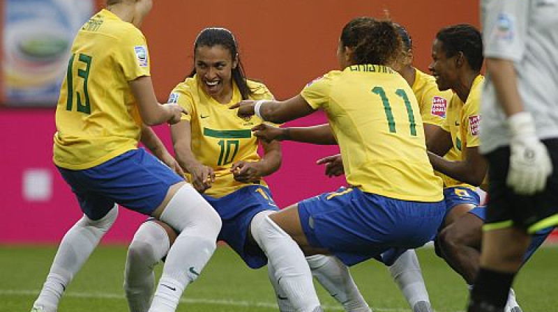 Brazīlijas futbolistes atzīmē gūtos vārtu
Foto: AP/Scanpix