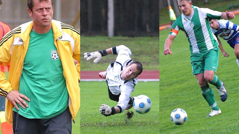 Trenera Ērgļa (no kreisās) atzinība par kvalitatīvu sniegumu šajā sezonā tika komandas vārtsargam Kasparam Ribakam un uzbrucējam Alvim Dubovam.