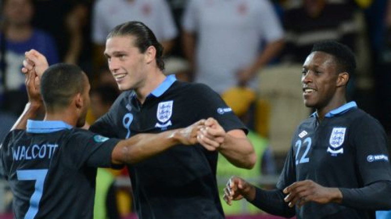 Visi trīs vārtu guvēji Anglijas rindās - Teo Volkots, Endijs Kerols, Denijs Velbeks
Foto: AFP/Scanpix