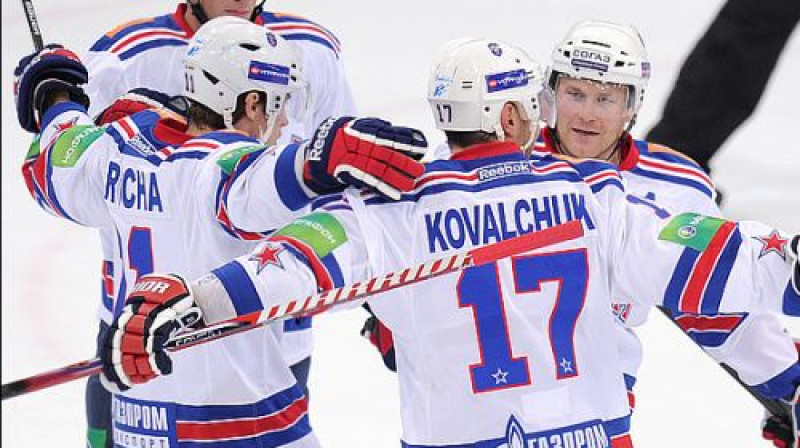 Iļja Kovaļčuks kopā ar partneriem svin pirmos vārtus
Foto: KHL
