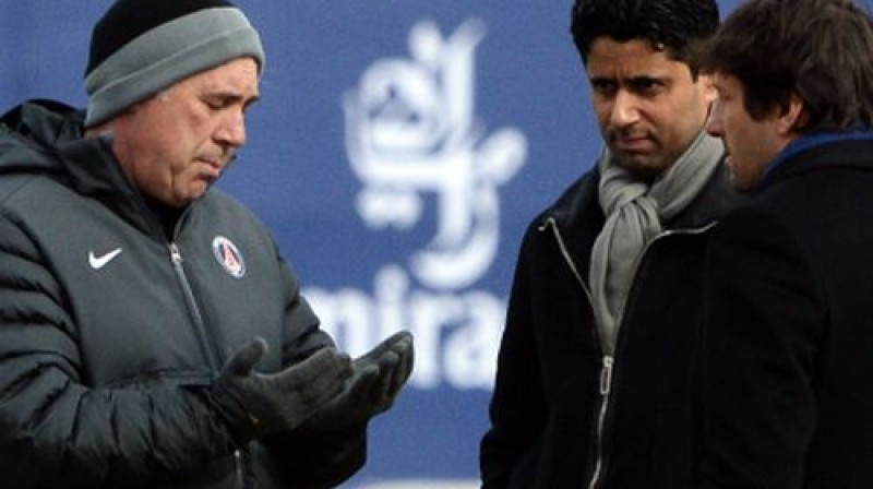Karlo Ančeloti, Nasers Al-Kelaifi un Leonardu
Foto: AFP/Scanpix