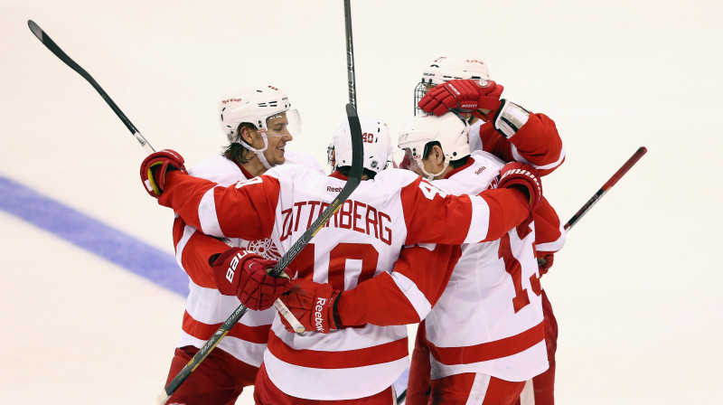 Detroitas "Red Wings" hokejisti atzīmē vārtu guvumu
Foto: AFP/Scanpix