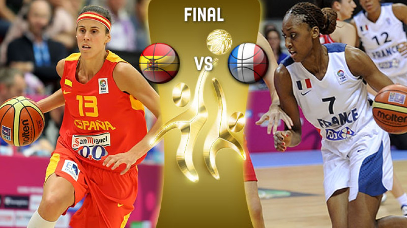 Amaija Valdemoro (pa kreisi) svētdien aizvadīs 258. spēli Spānijas valstsvienības sastāvā, sacenšoties pret Sandrines Grudas pārstāvēto Franciju
Foto: www.fibaeurope.com