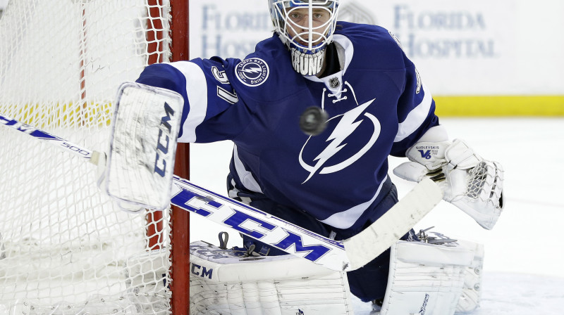 Kristers Gudļevskis NHL ir aizvadījis tikai vienu spēli un jau ir paspējis labot vairākus rekordus.
Foto: AP/Scanpix
