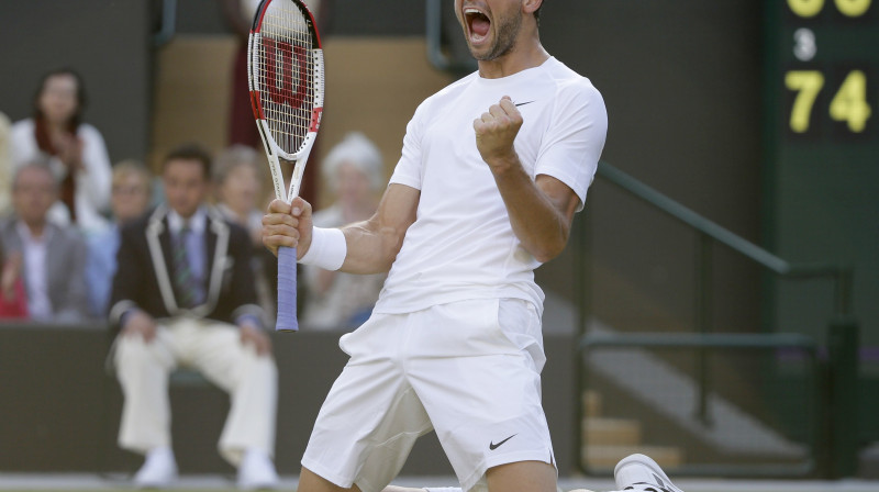 Grigors Dimitrovs soļa (uzvaras) attālumā no sava pirmā ceturtdaļfināla Vimbldonā
Foto: Reuters/Scanpix