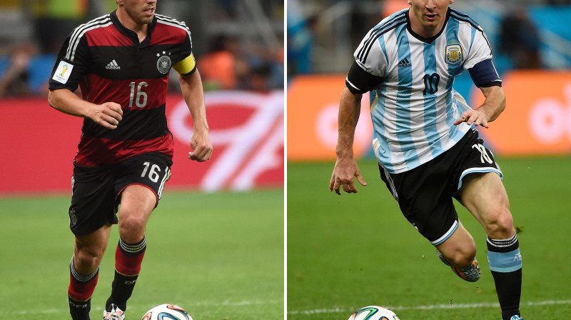 Vācijas izlases kapteinis Filips Lāms un Argentīnas izlases kapteinis Lionels Mesi.
Foto: AFP/Scanpix