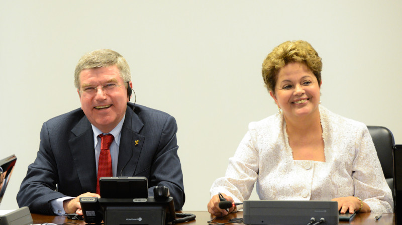 SOK prezidents Tomass Bahs un Brazīlijas prezidente Dilma Rusefa
Foto: rio2016.com