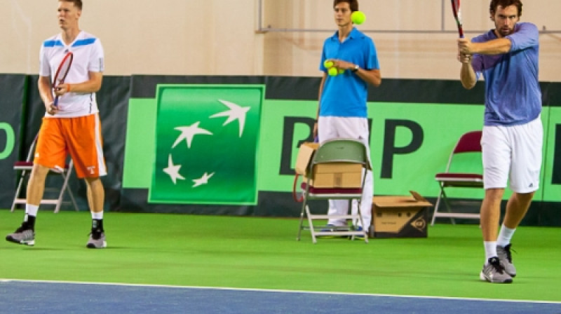 Miķelis Lībietis,Kārlis Lejnieks un Ernests Gulbis treniņā
Foto: Jānis Priedītis, LTS