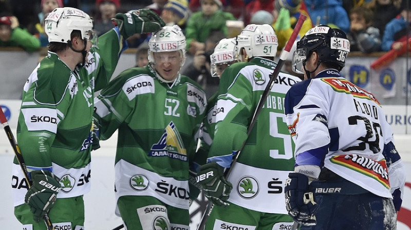 "Salavat Julajev" hokejisti svin vārtu guvumu
Foto: AP/Scanpix