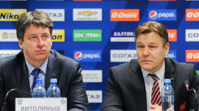 Harijs Vītoliņš un Raimo Sumanens pēcspēles preses konferencē
Foto: hawk.ru