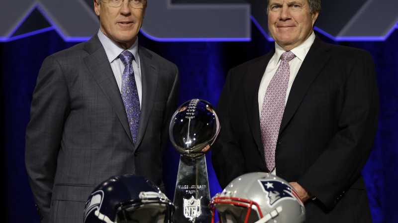 Komandu galvenie treneri Pīts Kerols (Seahawks) un Bils Beličeks (Patriots)
Foto: AP/AFP/Scanpix