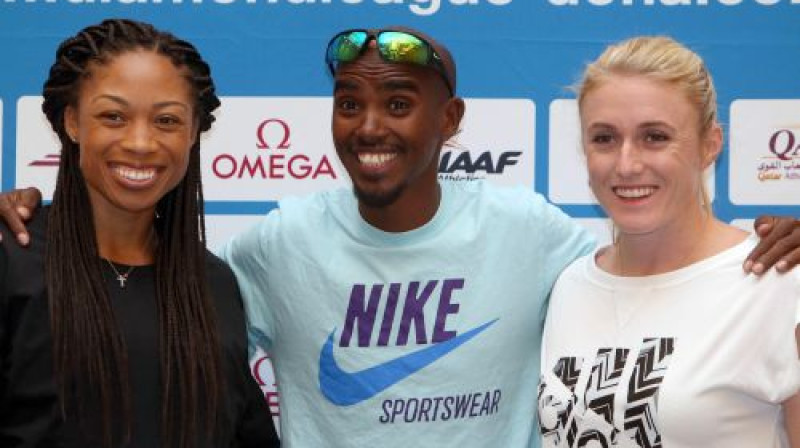 Elisone Fēliksa, Mo Farahs un Sallija Pīrsona preses konferencē Dohā
Foto: AFP/Scanpix