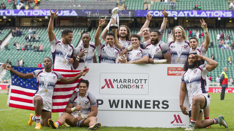 ASV regbija-7 izlase līksmo par uzvaru Londonas posmā
Foto: AP/Scanpix