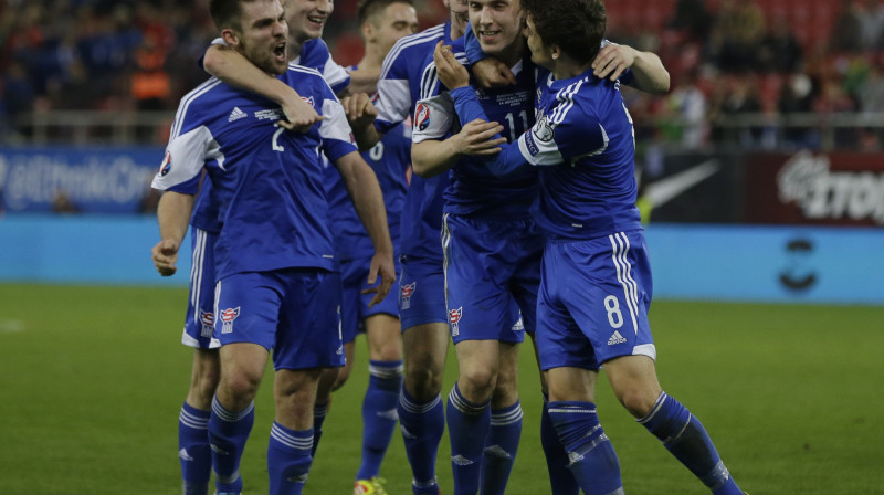 Fēru salu futbolisti pagājušā gada novembrī svinēja vienu no svarīgākajām uzvarām izlases vēsturē, uzvarot grieķus ar 1:0
Foto: AP/Scanpix