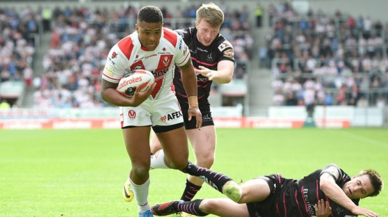 "St. Helens" spēlētājs Džordans Tērners (ar bumbu)
Foto: PA Wire/Scanpix