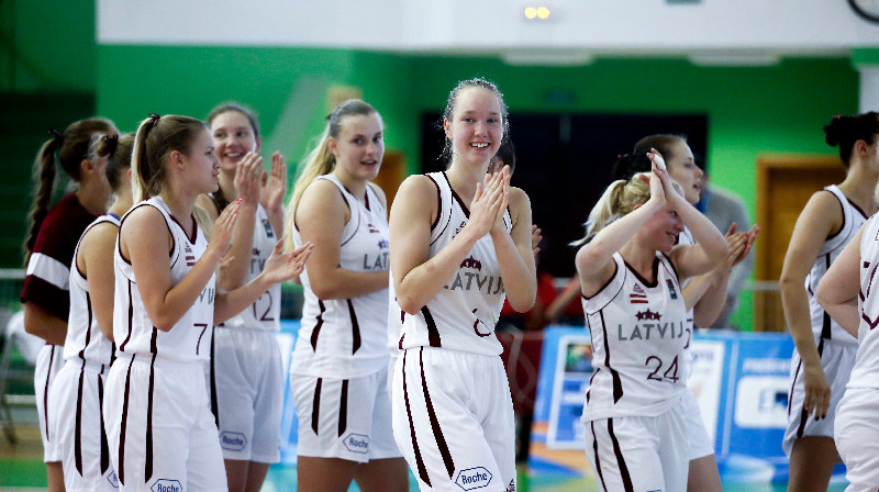 Latvijas U20 izlase: gandarījums par uzvaru.
Foto: FIBAEurope.com