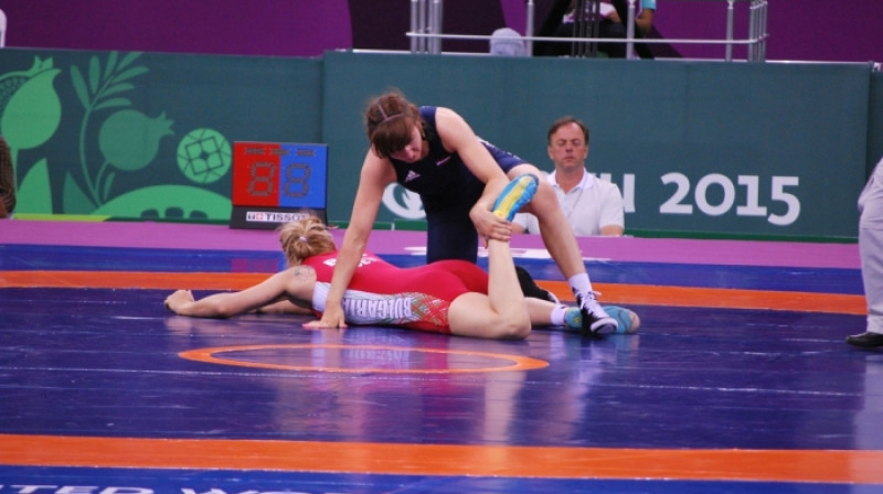 Anastasija Grigorjeva strādā ar pretinieci
Foto: Mārtiņš Mālmeisters, olimpiade.lv
