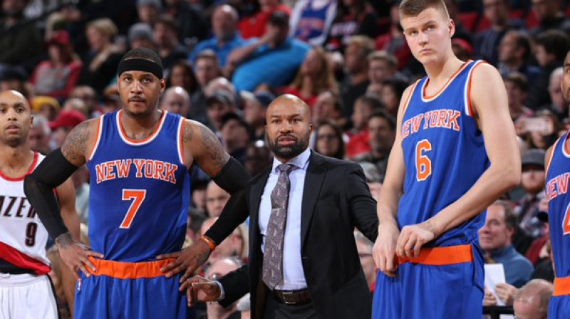 Karmelo Entonijs, Dereks Fišers un Kristaps Porziņģis
Foto: AFP/Scanpix