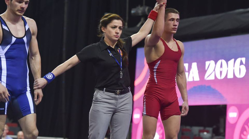 Ņikita Masjuks uzvar ceturtdaļfinālā
Foto: Ilmārs Znotiņš, Latvijas Cīņas federācija