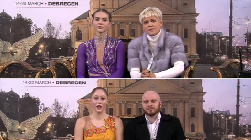 Angelina Kučvaļska, trenere Jekaterina Platonova, Diāna Ņikitina, treneris Romāns Panteļejevs 
Foto: eurovisionsports.tv