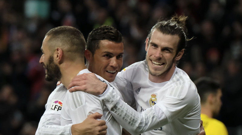 Karims Benzemā, Krištianu Ronaldu un Garets Beils. 
Foto: AFP/Scanpix