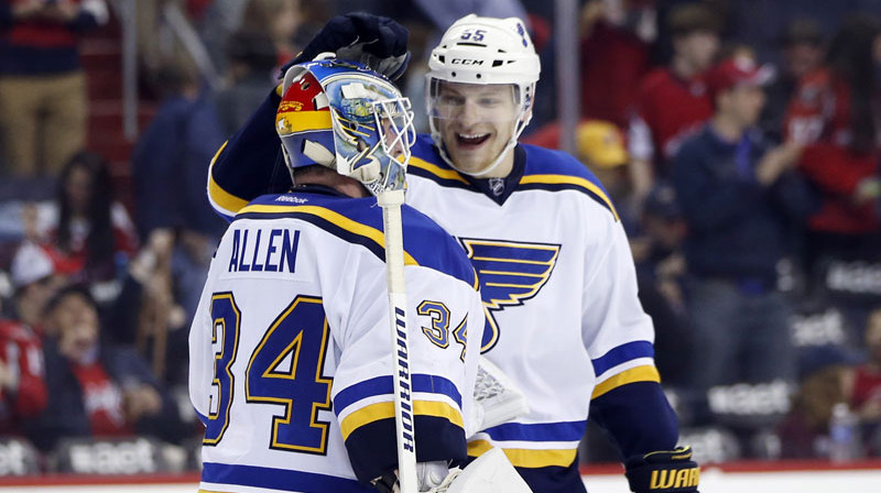"Blues" vārtsargam Džeikam Allenam šī bija sestā "sausā" spēle šosezon.
Foto: AP/Scanpix