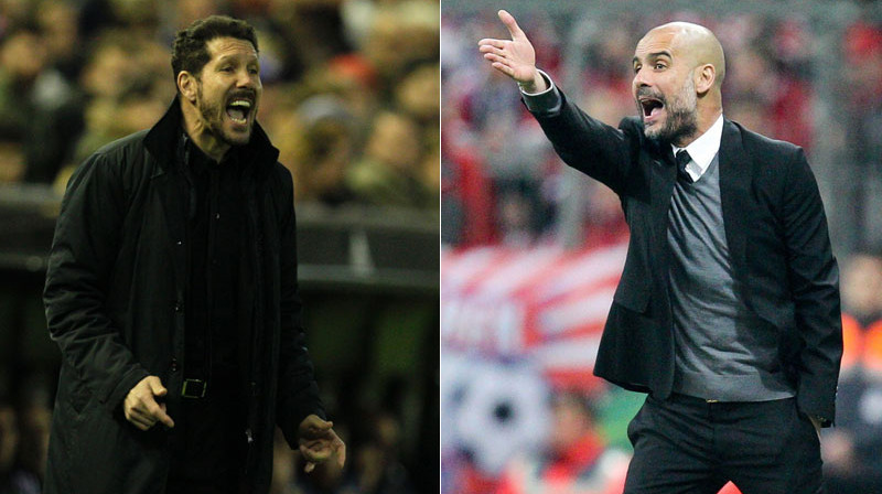 Madrides "Atletico" galvenais treneris Djēgo Simeone un Minhenes "Bayern" galvenais treneris Peps Gvardiola. 
Foto: AFP/Scanpix & SIPA/Scanpix