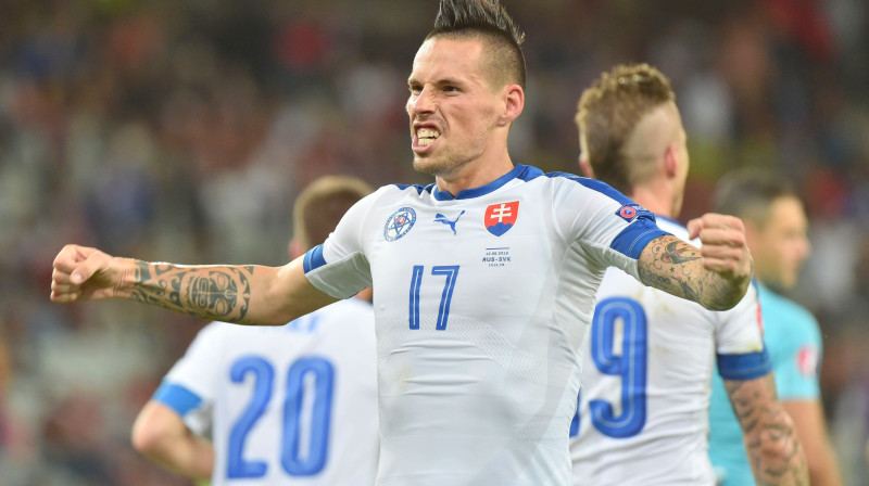 Mareks Hamšīks atzīmējās ar vārtu guvumu un rezultatīvu piespēli.
Foto: AFP/Scanpix