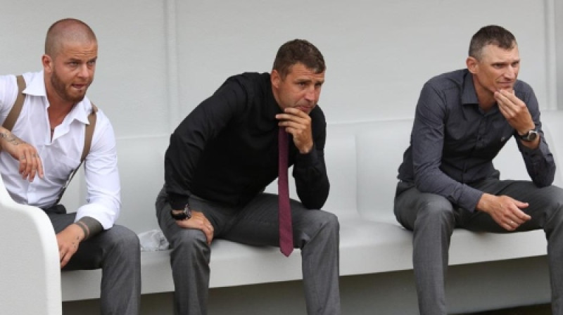 "Liepājas" treneri Mareks Zuntners, Viktors Dobrecovs un Viktors Spole
Foto: Mārtiņš Sīlis