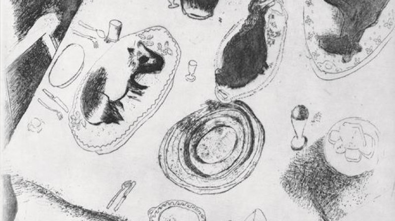 Marka Šagāla ilustrācija „Galds lūst no pārpilnības”