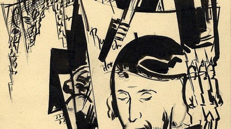 Romans Suta. Ilustrācijas skice A. Kurcija dzejolim “Heine “Unter den Linden”” no dzejoļu krājuma “Dzīvība”. 1933. Papīrs, tuša. SBM kolekcija. Skenējums