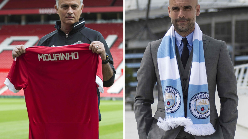 Žuzē Mourinju un Peps Gvardiola aci pret aci Mančestras derbijā
Foto: AFP/Scanpix