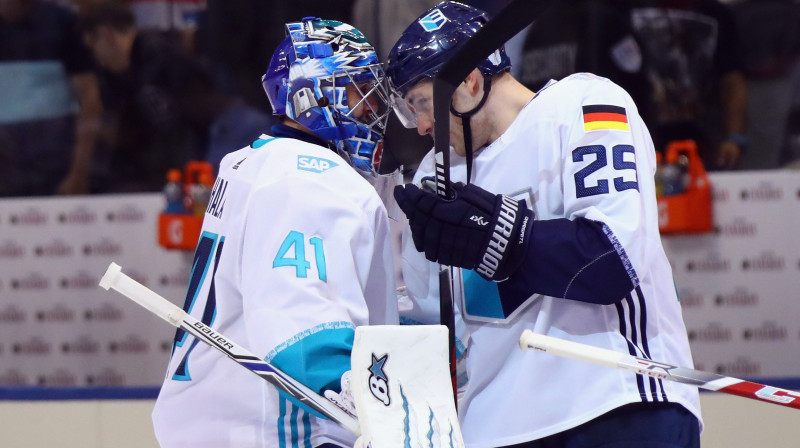 28 metienus atvairījušais Jaroslavs Halāks un uzvaras vārtus guvušais Leons Draizaitls
Foto: AFP/Scanpix