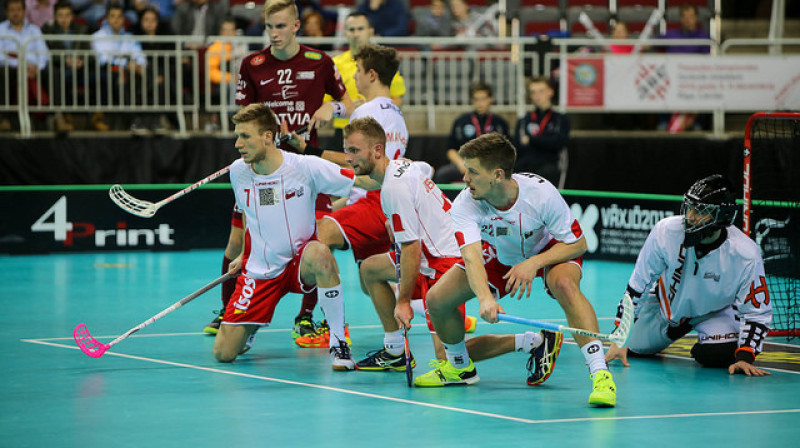 Pēteris Trekše ticis pie sava pirmā vārtu guvuma pasaules čempionātā
Foto: IFF Floorball