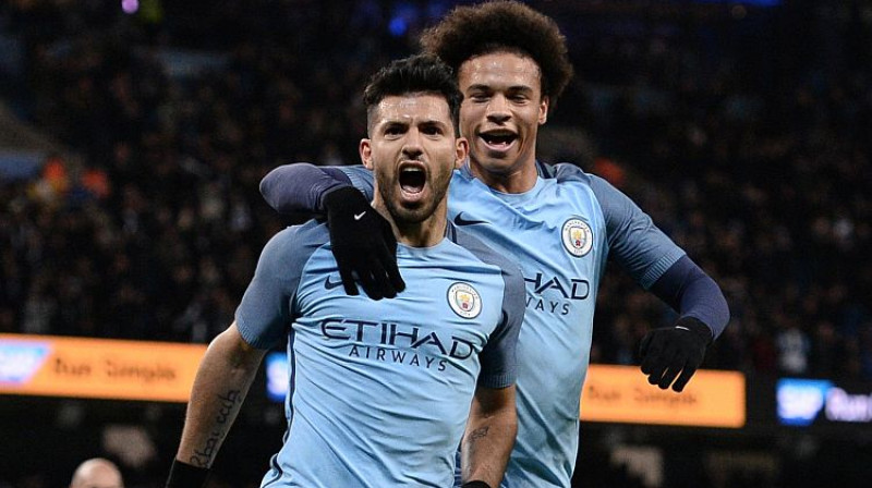 Serhio Agvero un Lerojs Sanē atzīmē ceturto vārtu guvumu
Foto: AFP/Scanpix