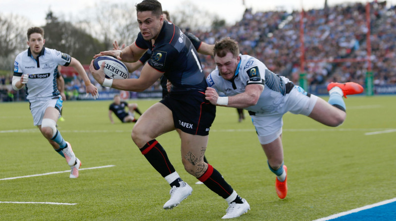 Epizode no Londonas "Saracens" un Glāzgovas "Warriors" spēles.
Foto: AFP/Scanpix